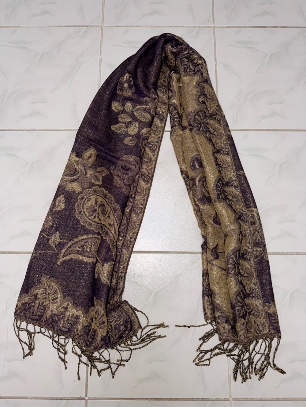 Reversible Floral Jacquard Wrap Scarf in Dark Purple and Gold